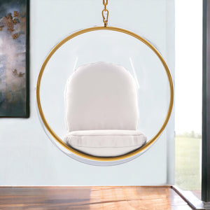Homeroots 42" White And Gold Acrylic And Faux Leather Hanging Balloon Chair   520605