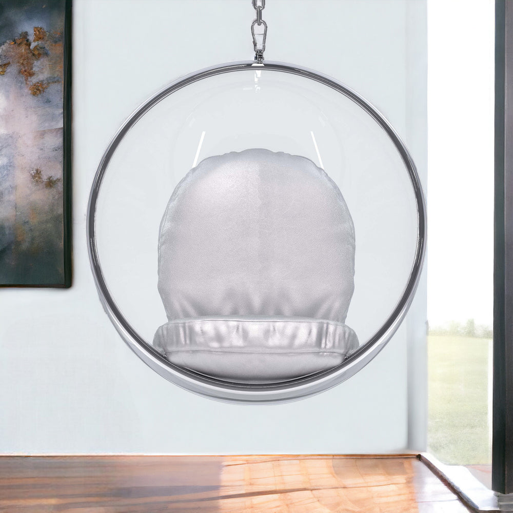 Homeroots 42" Silver And Clear Acrylic And Faux Leather Balloon Chair   520607