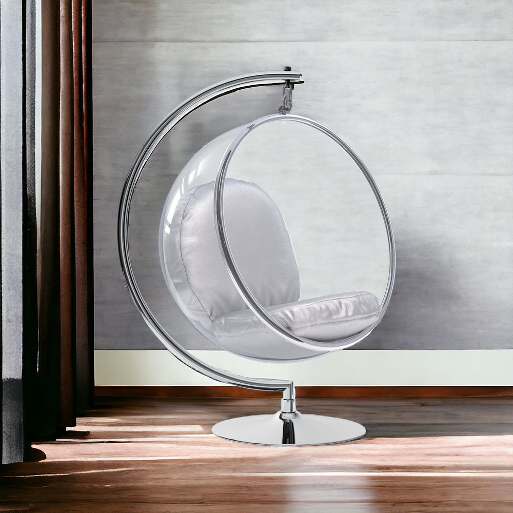 Homeroots 42" Silver And Clear Acrylic With Faux Leather Balloon Chair   520609