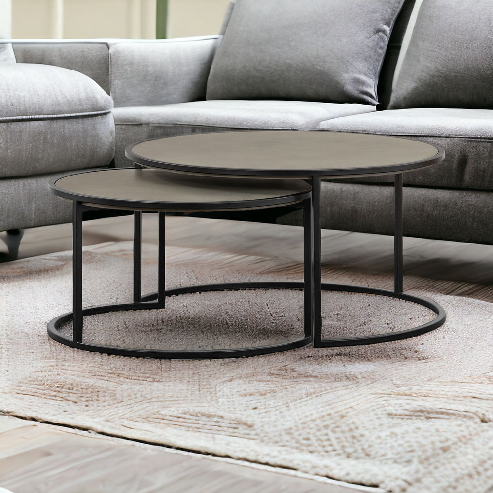 Homeroots Set Of Two 32" Gray And Black Concrete And Metal Round Nested Coffee Tables   520635