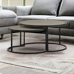 Homeroots Set Of Two 32" Gray And Black Concrete And Metal Round Nested Coffee Tables   520635