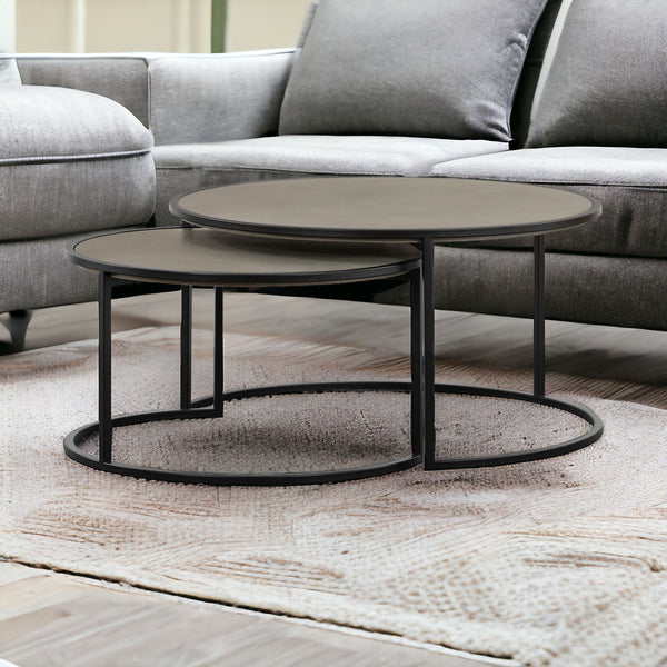 Homeroots Set Of Two 32" Gray And Black Concrete And Metal Round Nested Coffee Tables   520635