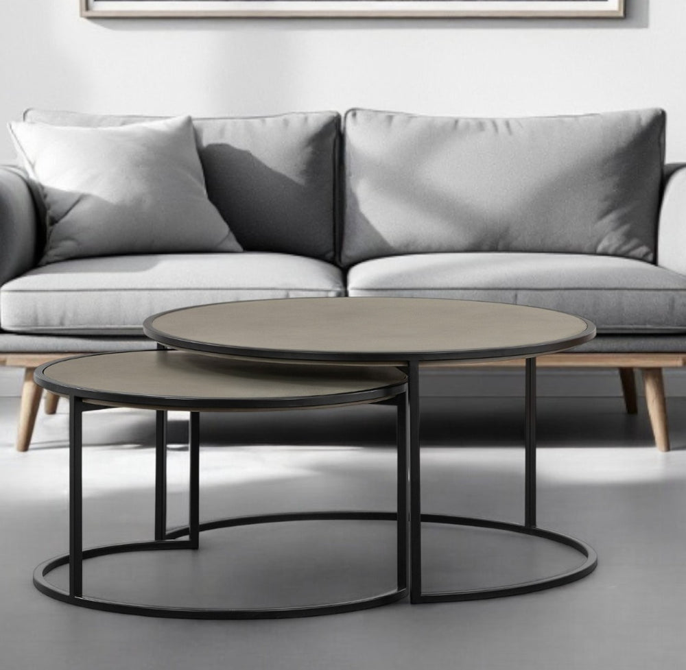 HomeRoots Set of Two 32" Modern Gray Concrete and Black Metal Round Nested Coffee Tables for Stylish Living 520635