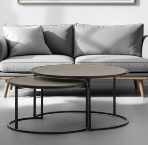 HomeRoots Set of Two 32" Modern Gray Concrete and Black Metal Round Nested Coffee Tables for Stylish Living 520635