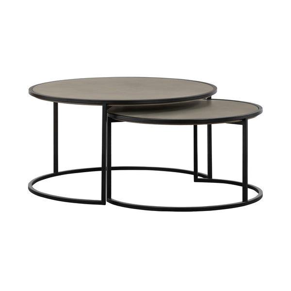HomeRoots Set of Two 32" Modern Gray Concrete and Black Metal Round Nested Coffee Tables for Stylish Living 520635