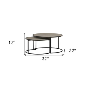 HomeRoots Set of Two 32" Modern Gray Concrete and Black Metal Round Nested Coffee Tables for Stylish Living 520635