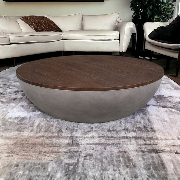Homeroots 48" Brown And Gray Solid Wood And Concrete Round Coffee Table   520639