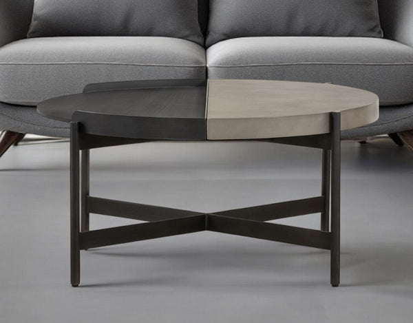 HomeRoots 32" Round Gray Concrete Coffee Table with Industrial Black Metal Base for Modern Living Rooms 520641