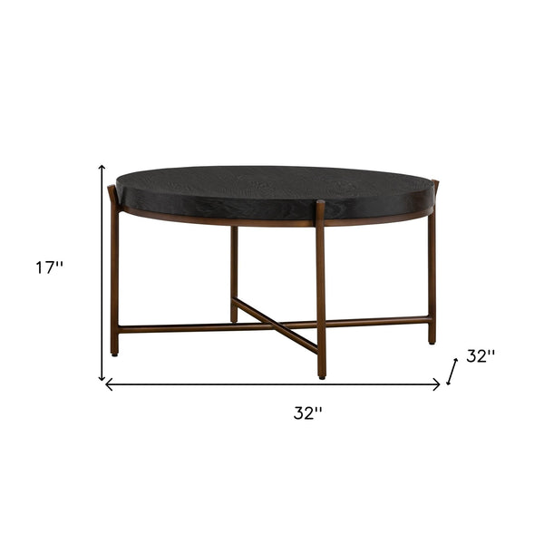 Homeroots 32" Black And Brown Solid Wood And Metal Round Coffee Table   520643