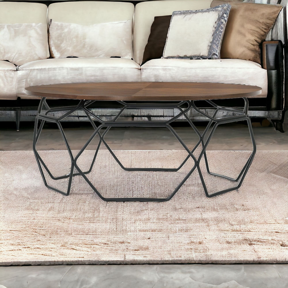 Homeroots 36" Brown And Black Solid Wood And Metal Round Coffee Table   520645