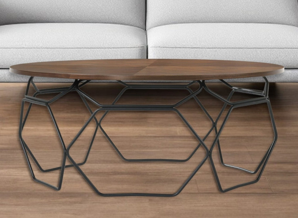 HomeRoots 36" Modern Industrial Round Coffee Table with Walnut Finish and Black Metal Base for Living Rooms 520645