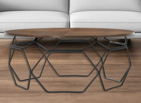 HomeRoots 36" Modern Industrial Round Coffee Table with Walnut Finish and Black Metal Base for Living Rooms 520645