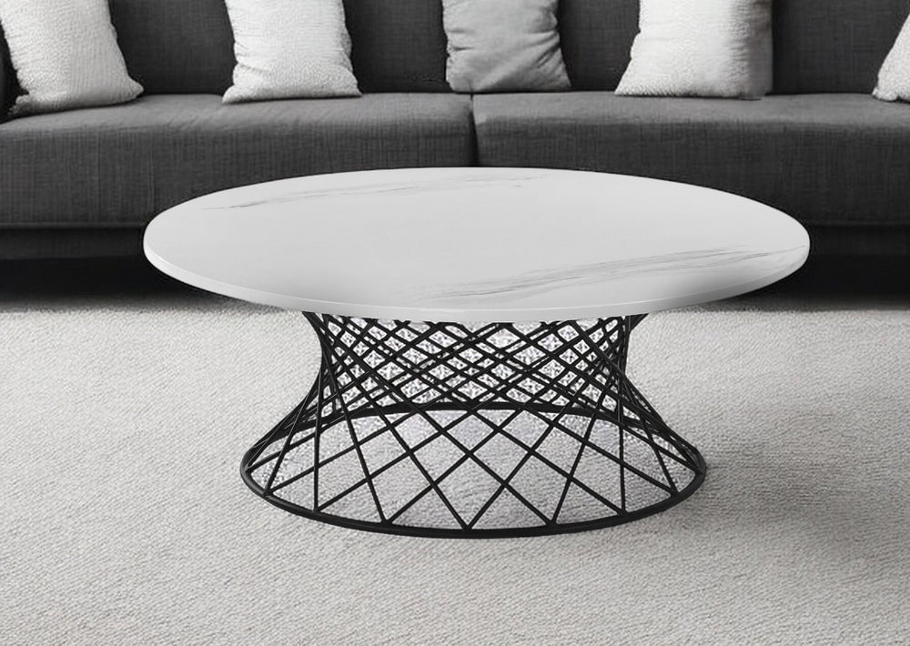 Homeroots 36" White And Black Genuine Marble And Metal Round Coffee Table   520646