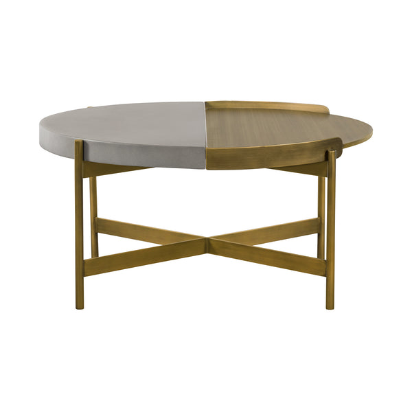 Homeroots 32" Gray And Brass Concrete And Metal Round Coffee Table   520648