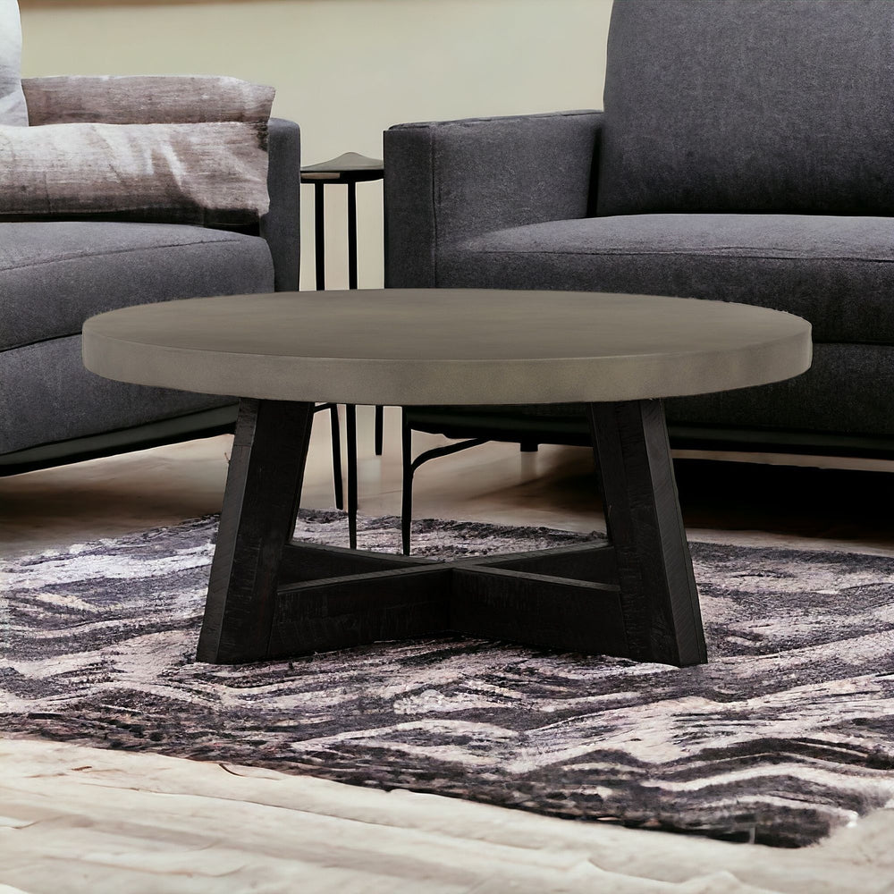 Homeroots 36" Gray And Black Concrete And Solid Wood Round Coffee Table   520650