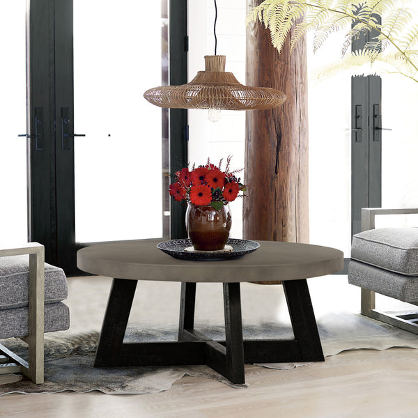 Homeroots 36" Gray And Black Concrete And Solid Wood Round Coffee Table   520650