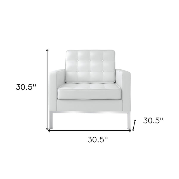 Homeroots 31" White And Silver Italian Leather Tufted Arm Chair   520659