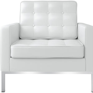 Homeroots 31" White And Silver Italian Leather Tufted Arm Chair   520659