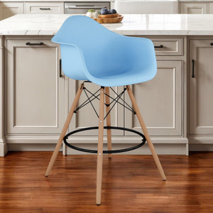 Homeroots 28" Light Blue And Brown Heavy Duty Plastic And Solid Wood Low Back Counter Height Bar Chair   520676