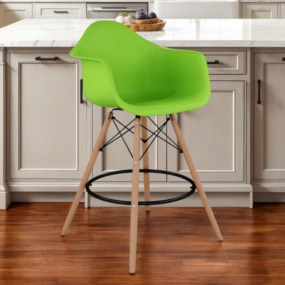 Homeroots 28" Green And Brown Heavy Duty Plastic And Solid Wood Low Back Counter Height Bar Chair   520678