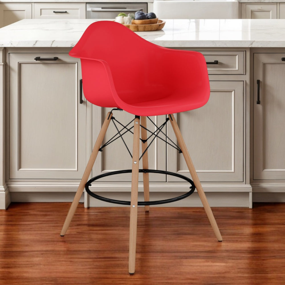 Homeroots 28" Red And Brown Heavy Duty Plastic And Solid Wood Low Back Counter Height Bar Chair   520679
