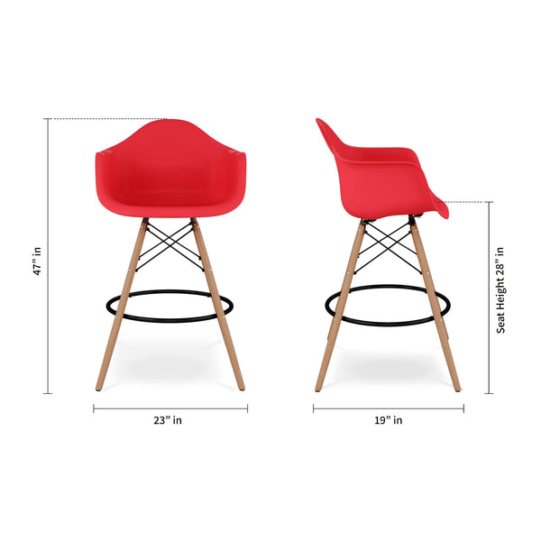 Homeroots 28" Red And Brown Heavy Duty Plastic And Solid Wood Low Back Counter Height Bar Chair   520679