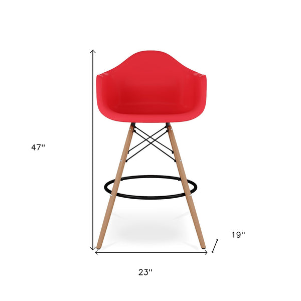 Homeroots 28" Red And Brown Heavy Duty Plastic And Solid Wood Low Back Counter Height Bar Chair   520679