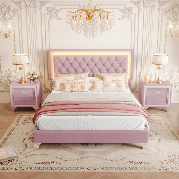 English Elm 3-Pieces Tufted Upholstered Platform Bed with Romantic LED Headboard and Two Storage Nightstands Pink 63.98 L x 23.23 W x 5.91 H N733S183659H