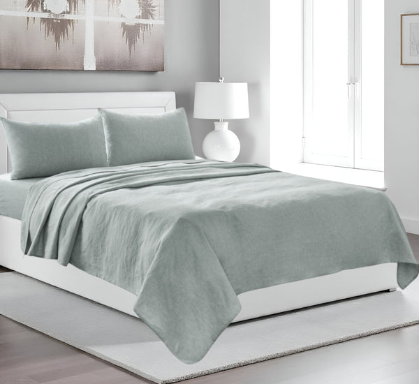 Homeroots Four Piece Blue Linen Queen Sheet Set Sea Glass Linen 520720