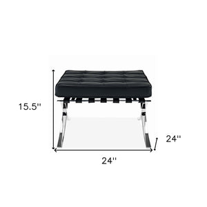 Homeroots 24" Black Genuine Leather And Silver Tufted Footstool Ottoman   520803