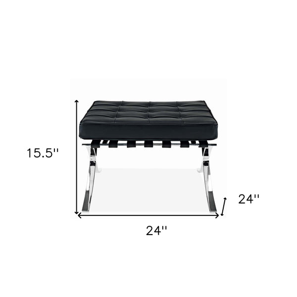 Homeroots 24" Black Genuine Leather And Silver Tufted Footstool Ottoman   520803