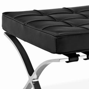 Homeroots 24" Black Genuine Leather And Silver Tufted Footstool Ottoman   520803