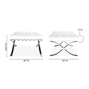 Homeroots 24" White Genuine Leather And Silver Tufted Footstool Ottoman   520804