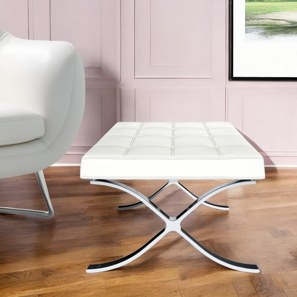 Homeroots 24" White Genuine Leather And Silver Tufted Footstool Ottoman   520804