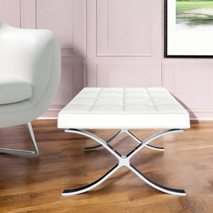 Homeroots 24" White Genuine Leather And Silver Tufted Footstool Ottoman   520804