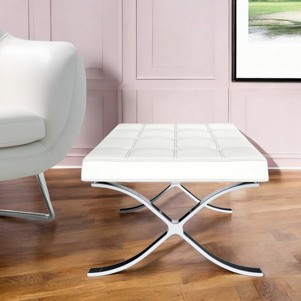 Homeroots 24" White Genuine Leather And Silver Tufted Footstool Ottoman   520804