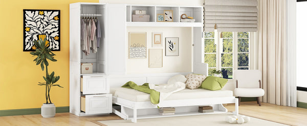 English Elm Queen Murphy Wall Bed with Integrated Wardrobe and Drawers for Studio or Guest Room White LP000793AAK-3