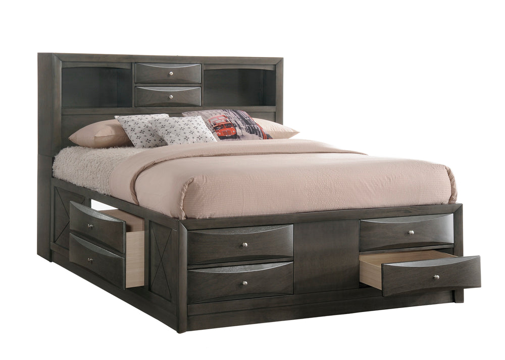 English Elm Gray King Storage Platform Captain's Bed with Bookcase Headboard, Deep Drawers, Silver Hardware, Solid Wood B2741S00613