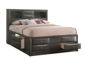 English Elm Gray King Storage Platform Captain's Bed with Bookcase Headboard, Deep Drawers, Silver Hardware, Solid Wood B2741S00613