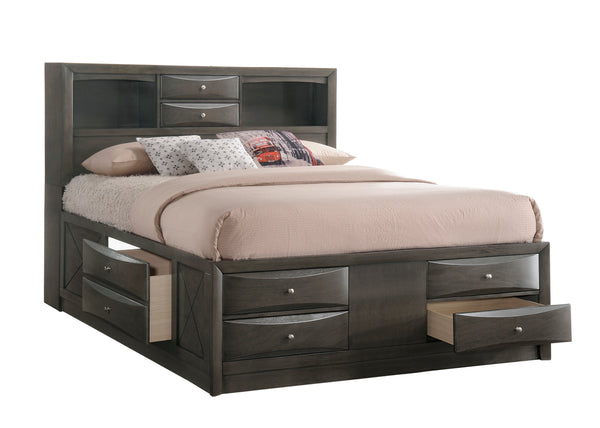 English Elm Gray King Storage Platform Captain's Bed with Bookcase Headboard, Deep Drawers, Silver Hardware, Solid Wood B2741S00613