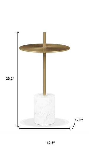 HomeRoots 25" Gold and White Round End Table - Mid-Century Modern Design with Marble Base for Chic Spaces 520843