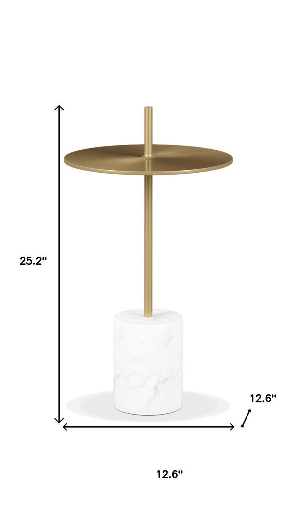 HomeRoots 25" Gold and White Round End Table - Mid-Century Modern Design with Marble Base for Chic Spaces 520843