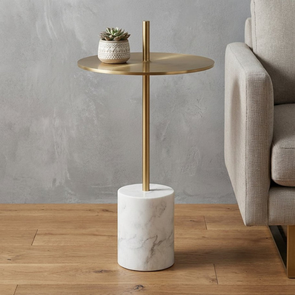HomeRoots 25" Gold and White Round End Table - Mid-Century Modern Design with Marble Base for Chic Spaces 520843