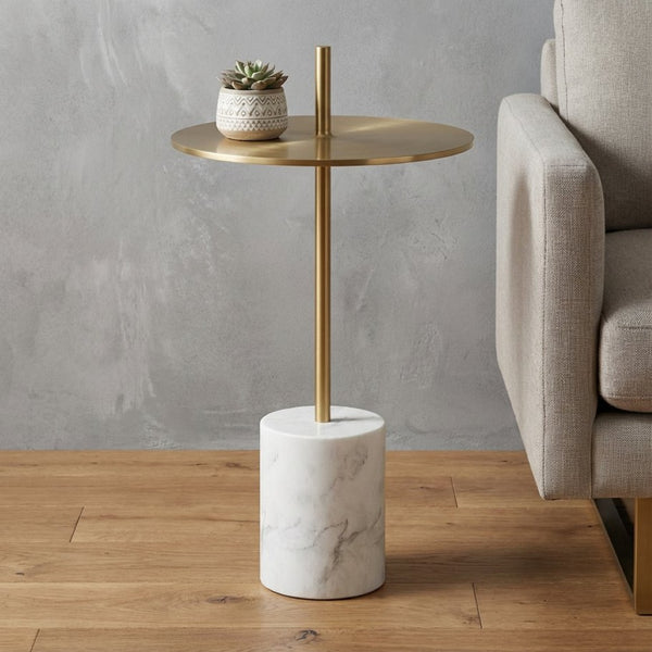 HomeRoots 25" Gold and White Round End Table - Mid-Century Modern Design with Marble Base for Chic Spaces 520843