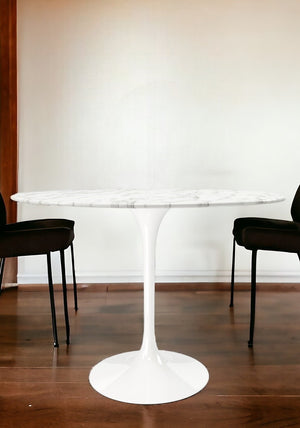 Homeroots 40" White Rounded Stone And Metal Pedestal Base Dining Table   520844