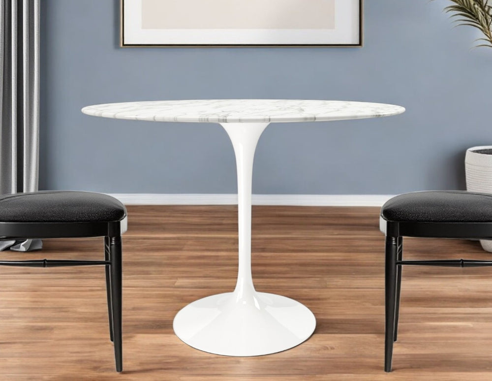 HomeRoots 40" Elegant White Marble Round Dining Table with Durable Metal Pedestal Base for 4 People 520844
