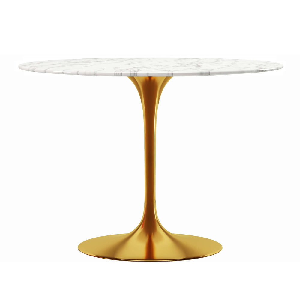 Homeroots 40" White And Gold Rounded Marble And Metal Pedestal Base Dining Table   520845