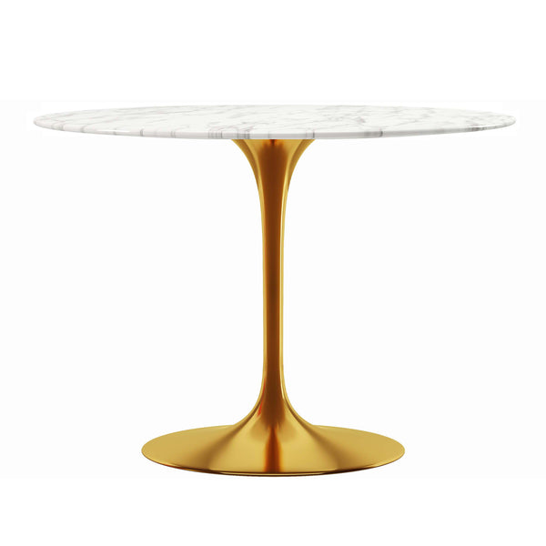 Homeroots 40" White And Gold Rounded Marble And Metal Pedestal Base Dining Table   520845