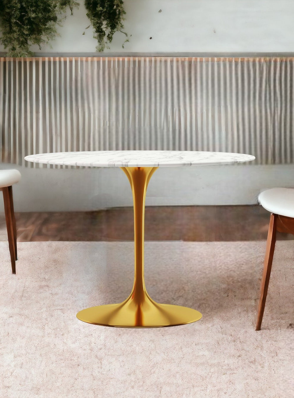 Homeroots 40" White And Gold Rounded Marble And Metal Pedestal Base Dining Table   520845