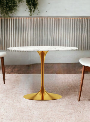 Homeroots 40" White And Gold Rounded Marble And Metal Pedestal Base Dining Table   520845